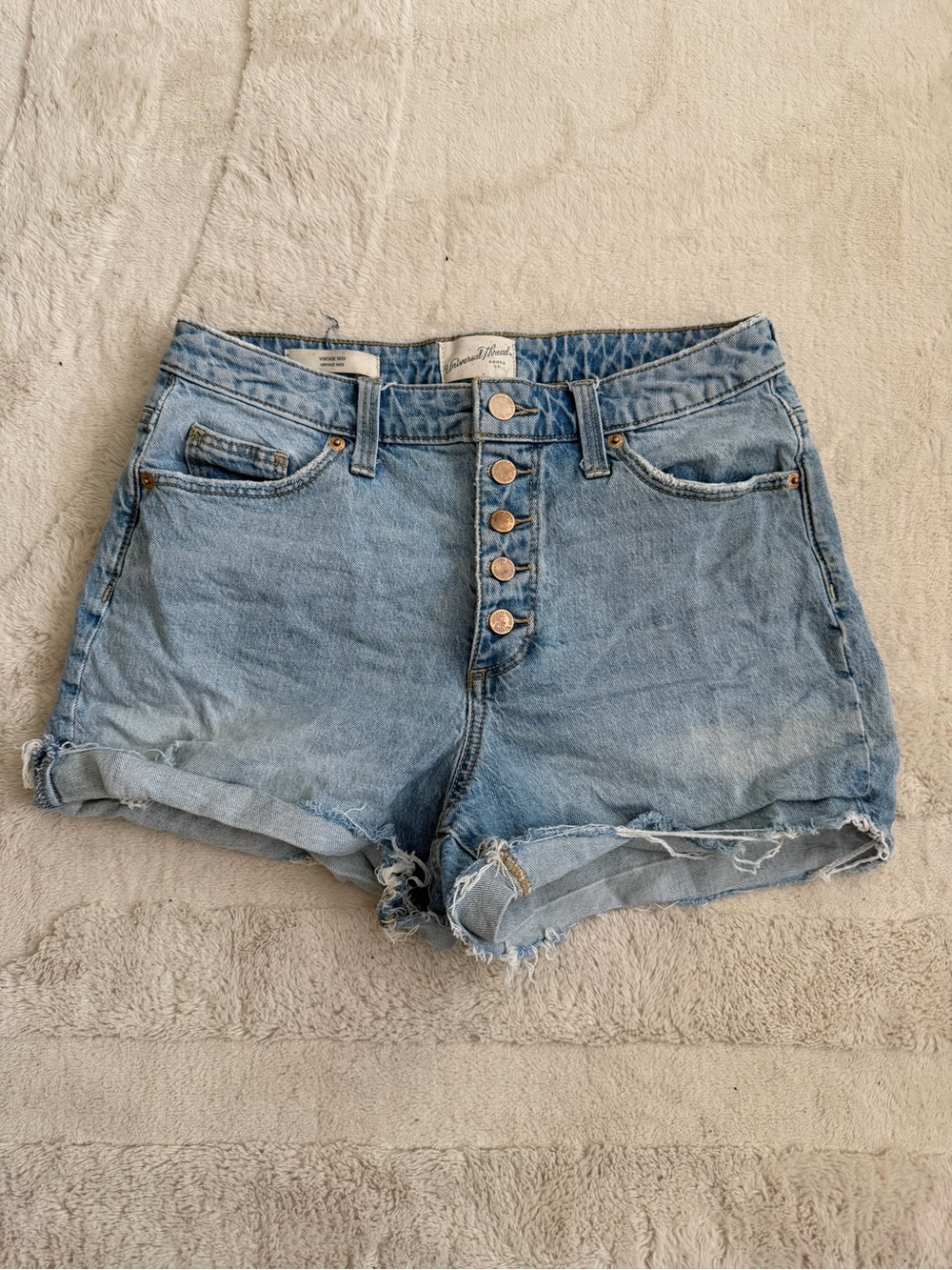 Universal Thread Light Blue Button-Fly Distressed Denim Shorts